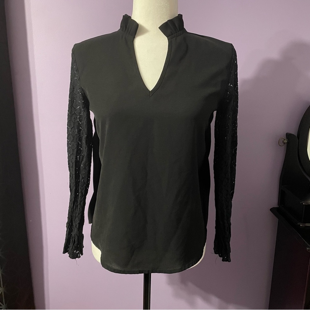 SHEIN Black V-Neck Top with Lace Sleeves